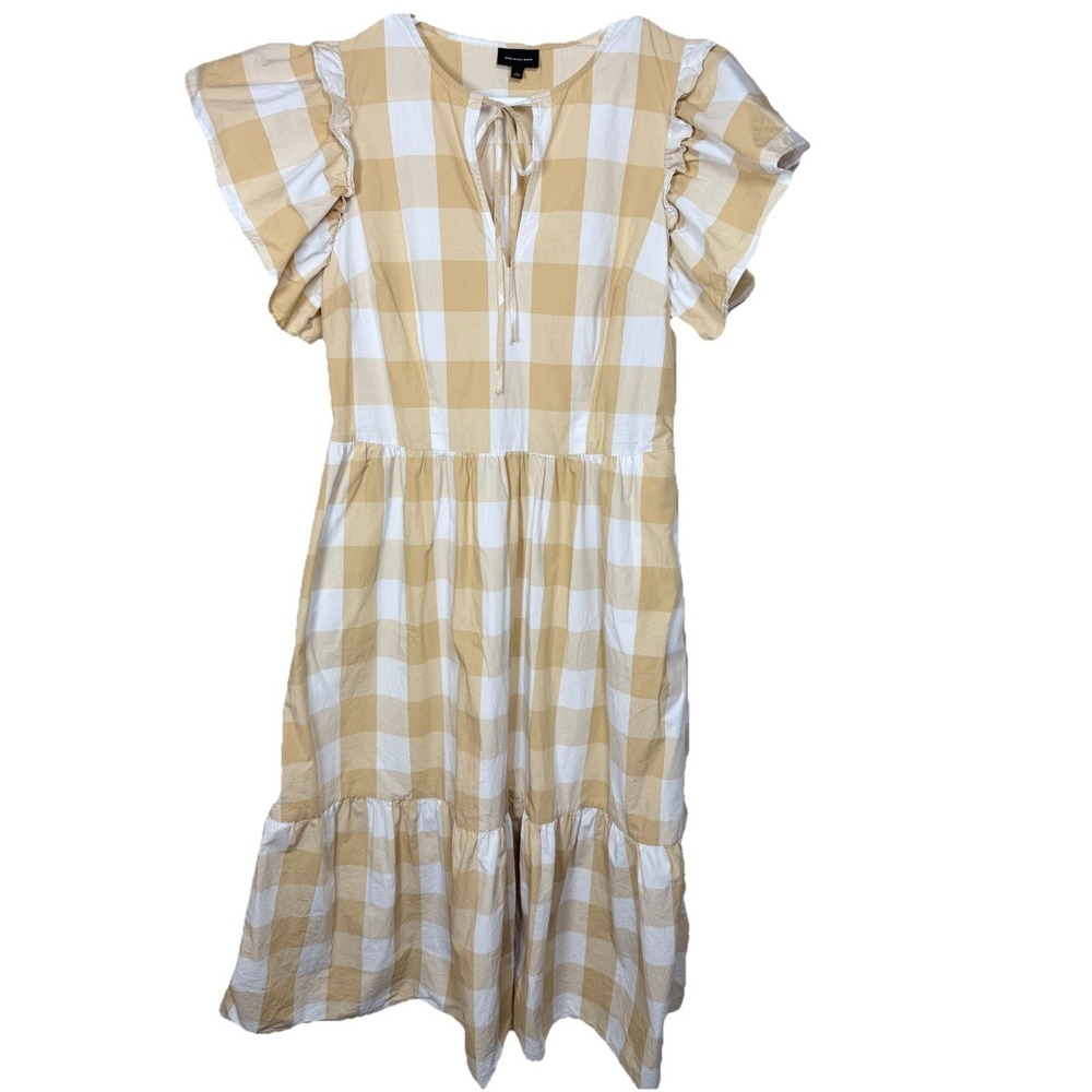 Who What Wear Buffalo Check Dress Womens Large Beige White Cottagecore Midi